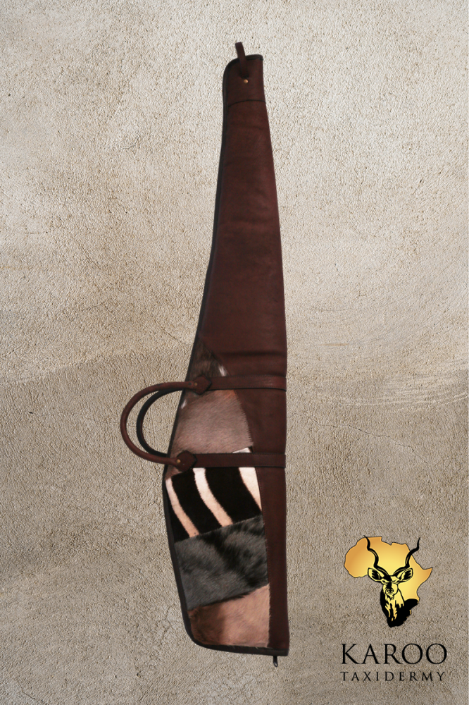Blesbok, Blue Wildebeest, Zebra, Copper Springbuck & Bushbuck patchwork insert with Eland leather tanned tocolour Kango Tobacco Standard Rifle bag