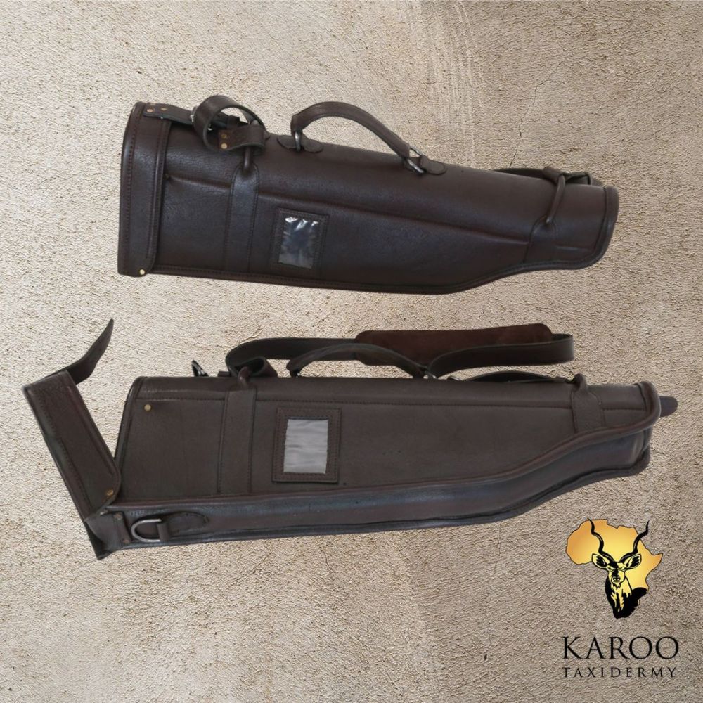 Cape Buffalo premium leather shotgun bag with adjustable shoulder strap and identification window.