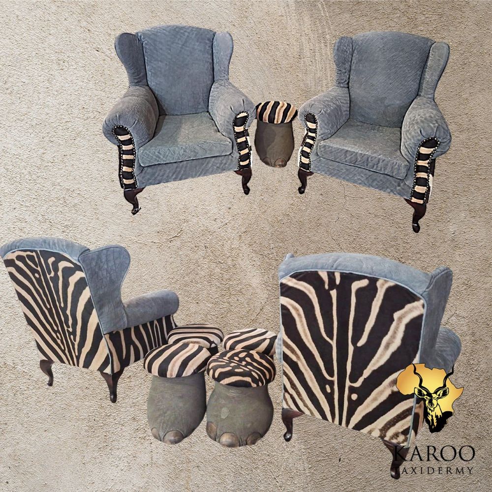 Elephant Leather Wingback Chairs with Zebra Hide Full Back and Inserts and Matching Elephant Footstools