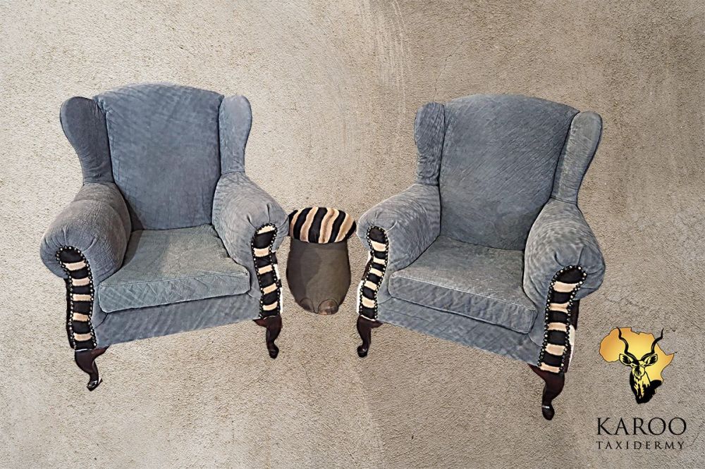 Elephant leather Wingback Chairs with Zebra Inserts and matching Elephant Footstool