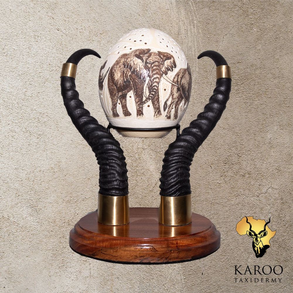 Engraved Ostrich Egg and Springbok-Horn Table Display