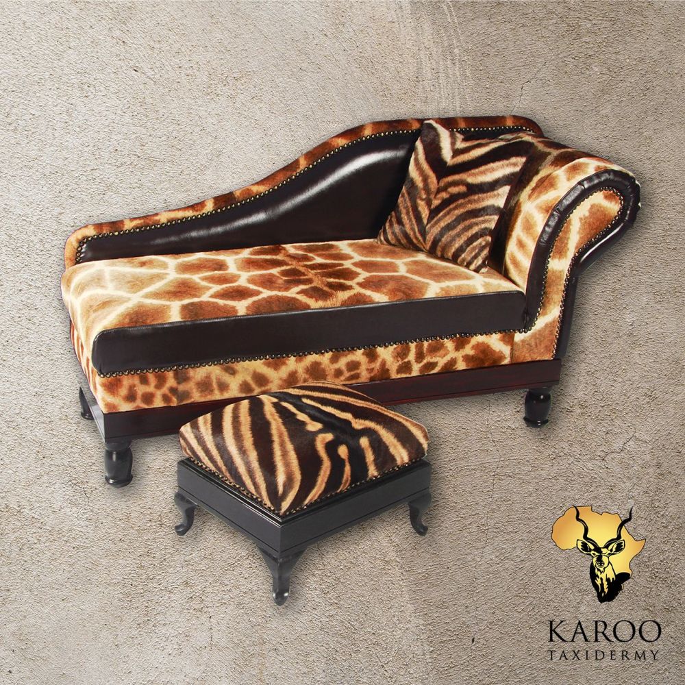 Giraffe-Hide Chaise Lounge with Zebra-Hide Ottoman