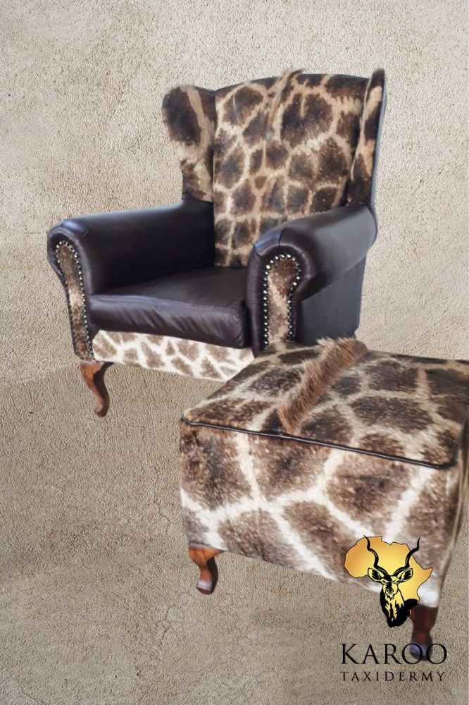 Giraffe-Hide Wingback Armchair and Small Ottoman