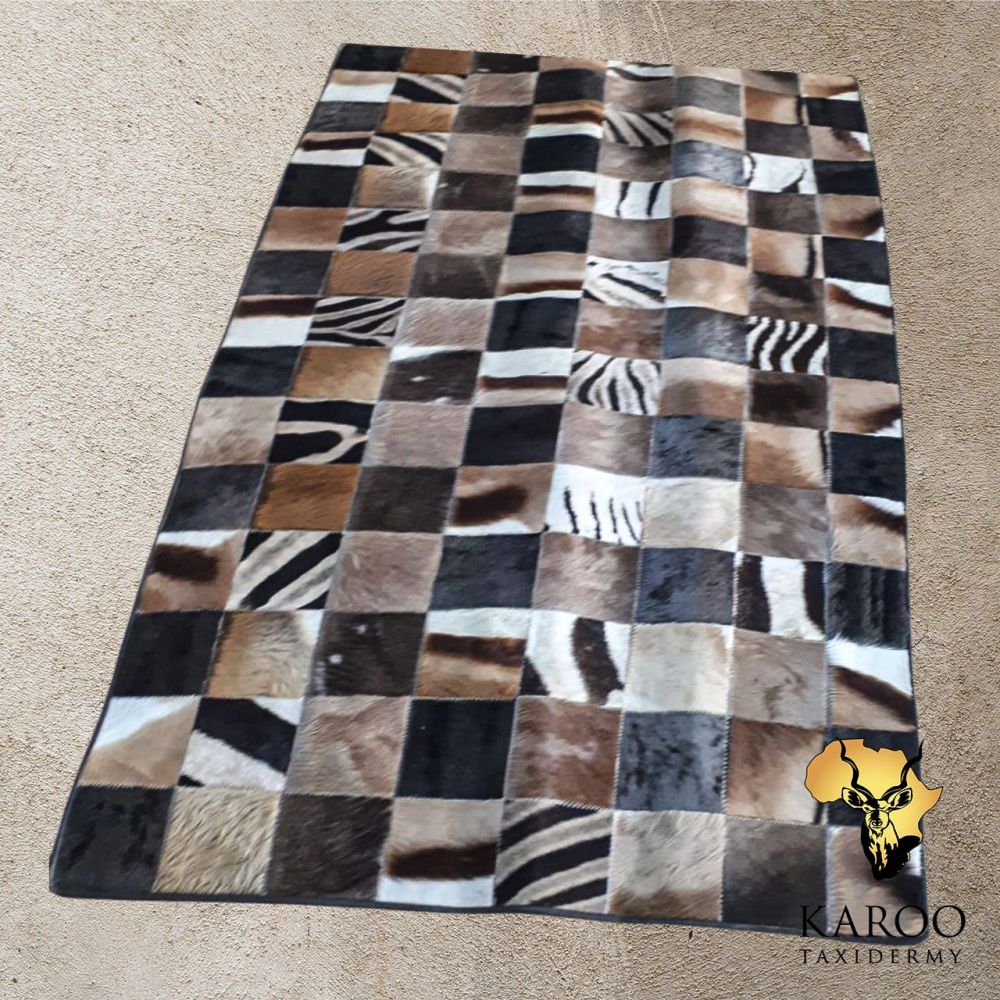 Large Mixed Game Skin Patchwork Rug with Non-slip and Leather Trim