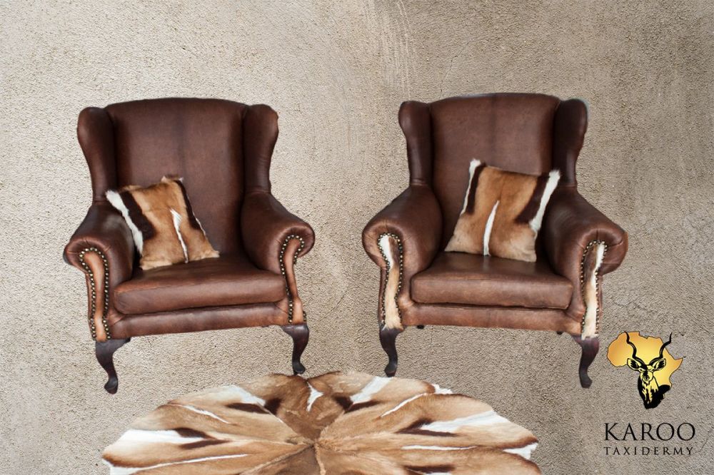 Wingback Chairs with Comon Springbuck Back Skin Inserts and Common Springbuck Scatter Pillows