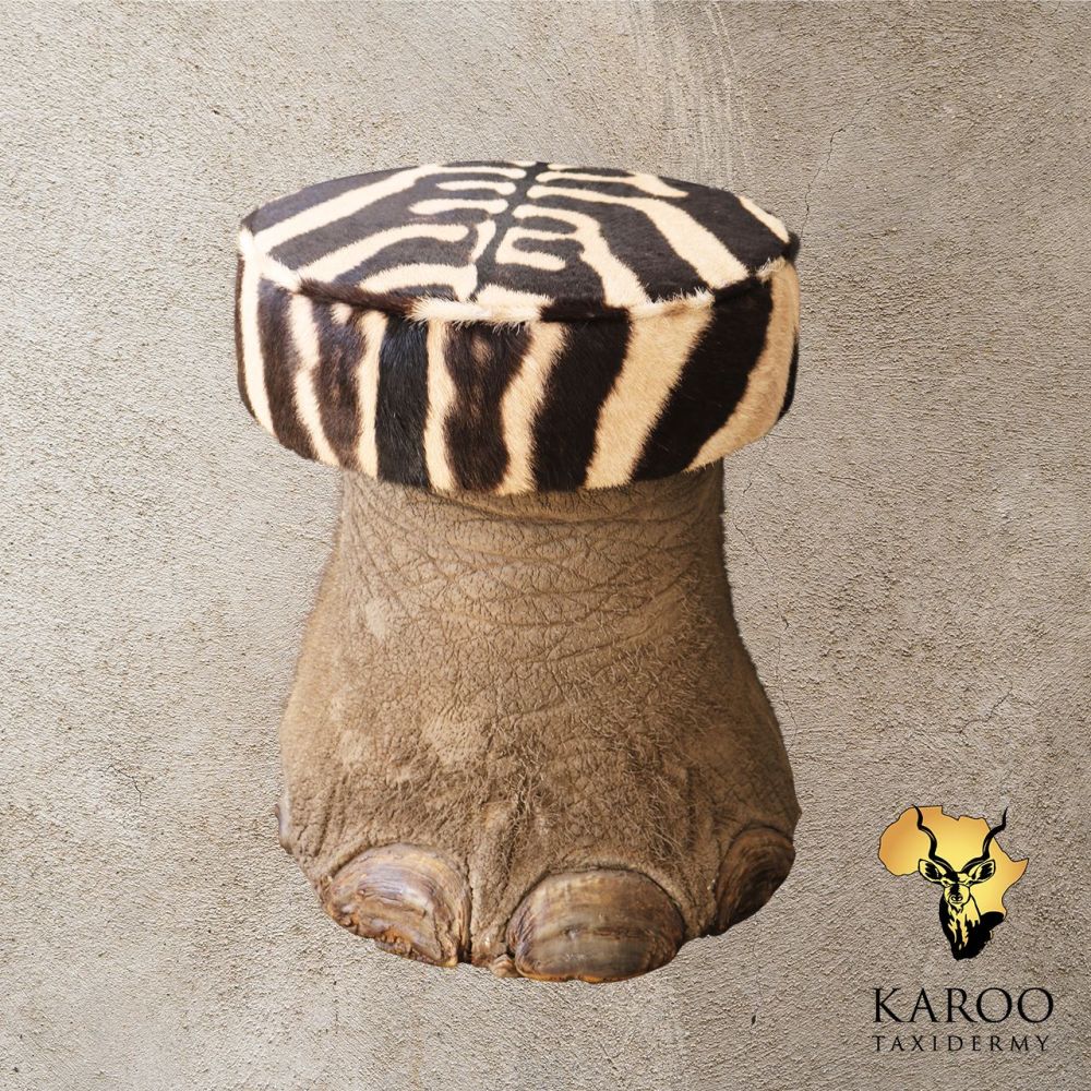 African Elephant Footstool with Zebra Hide Seat &ndash; front view