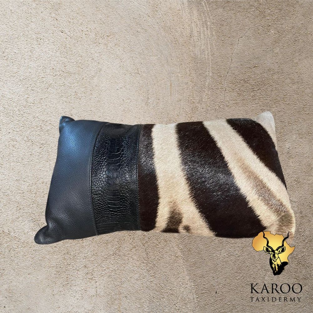 Burchell’s Zebra Back-Skin, Black Leather and Ostrich Shin Scatter Pillow