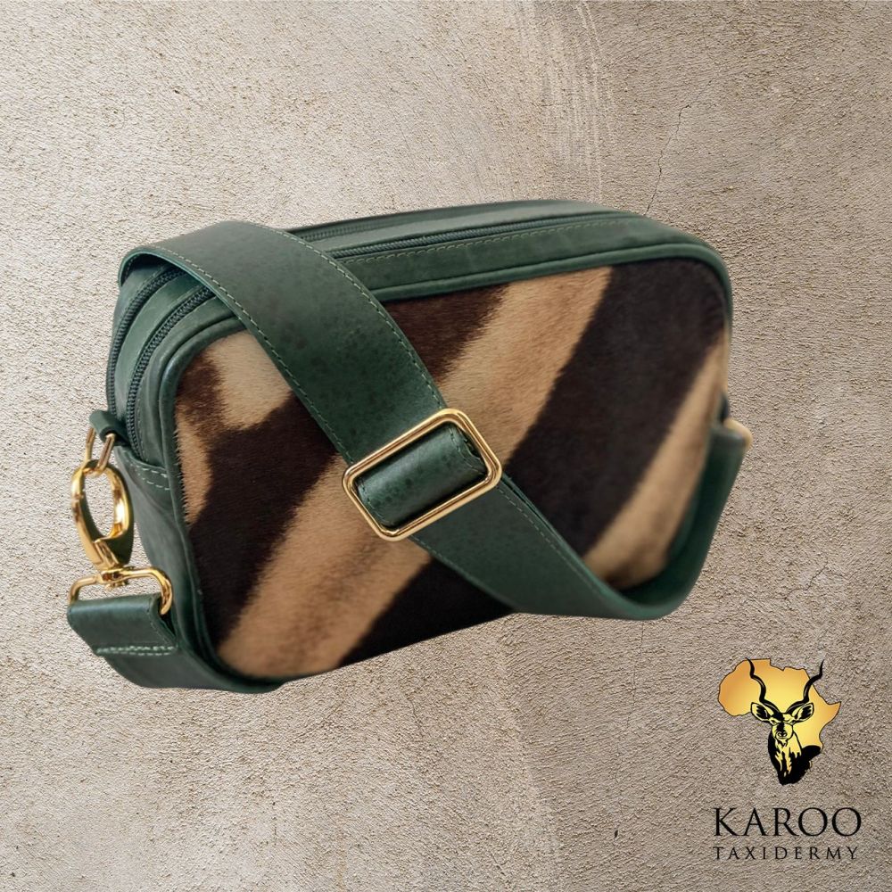 Burchell&rsquo;s Zebra Hair-on-Hide Claudia Camera Bag with Forest Green Leather