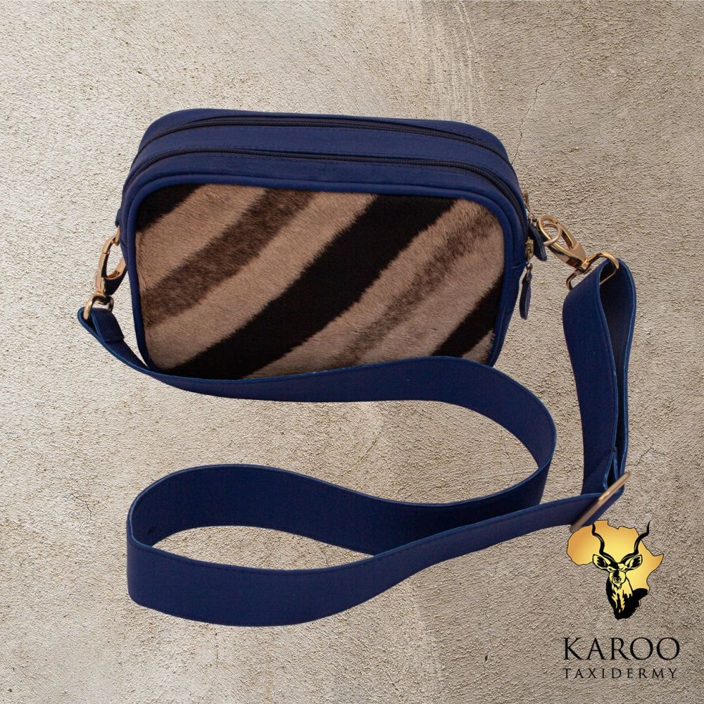 Burchell&rsquo;s Zebra Hair-on-Hide Claudia Camera Bag with Royal Blue Kudu Leather