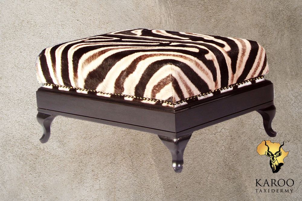 Burchell&rsquo;s Zebra Hide Small Footstool Ottoman &ndash; 70 x 60 x 38 cm