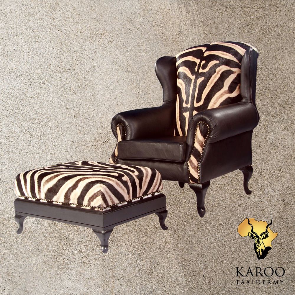 Burchell&rsquo;s Zebra Hide and Leather Wingback Chair with Matching Footstool